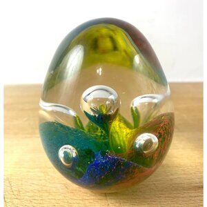 Handcrafted Art Glass Egg Paperweight With Vibrant Swirls & Bubbles